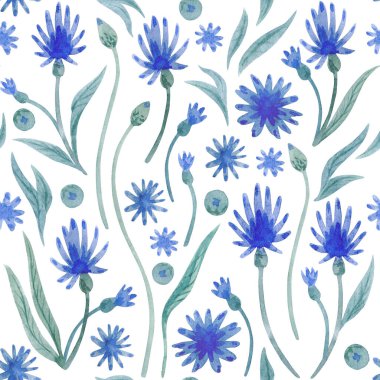 Watercolor pattern with blue flowers and leaves isolated on white background.