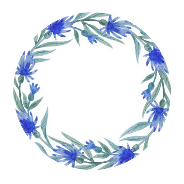 Watercolor frame with blue flowers and leaves isolated on white background.
