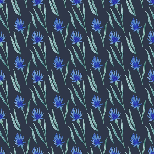 Watercolor pattern with blue flowers and leaves on a dark background. — Stockfoto