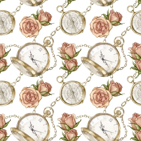 Watercolor Seamless Pattern Vintage Gold Pocket Watch Compass Chains Roses — Stock Photo, Image