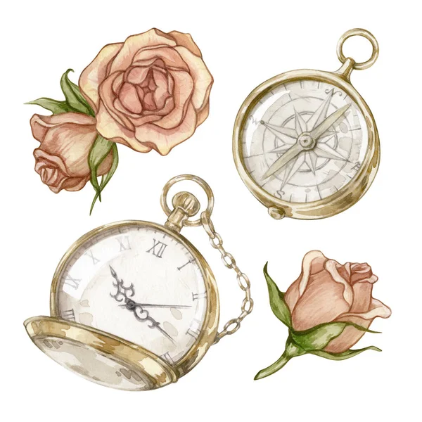 Set Watercolor Illustrations Vintage Gold Pocket Watch Compass Roses Isolated — Stock Photo, Image