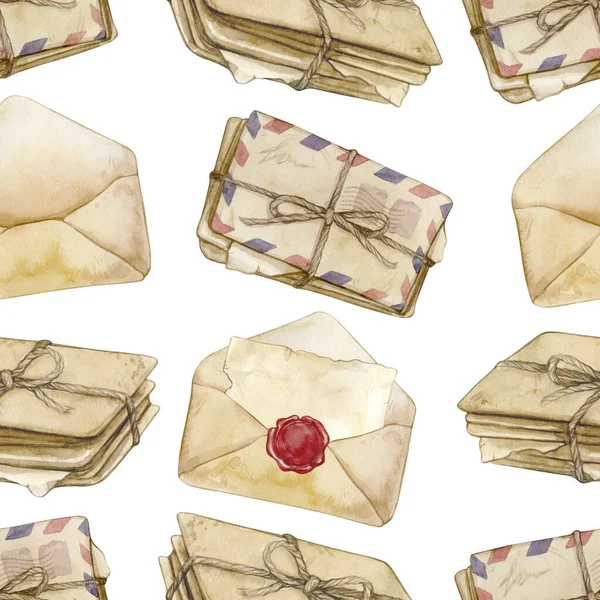 Padrão Sem Costura Aquarela Com Envelopes Vintage Letras Sobre Fundo — Fotografia de Stock