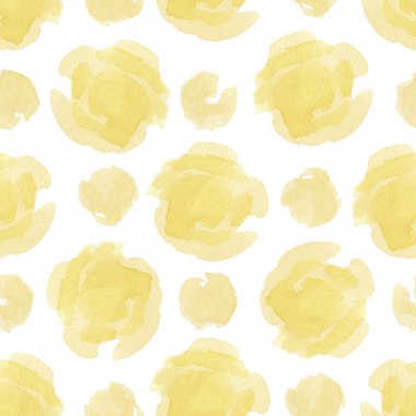 Ilık sarı suluboya lekeleri ve beyaz arka planda parlayan ışık toplarıyla suluboya desenleri. El çizimi resimlerin koleksiyonu.