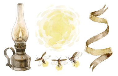 Bir dizi suluboya fener çizimi, parlayan ateşböcekleri ve beyaz bir pankartta izole edilmiş kurdele kağıdı. Klasik el çizimi çizimleri. Kartlarda, el ilanlarında ve davetiyelerde kullanılabilir