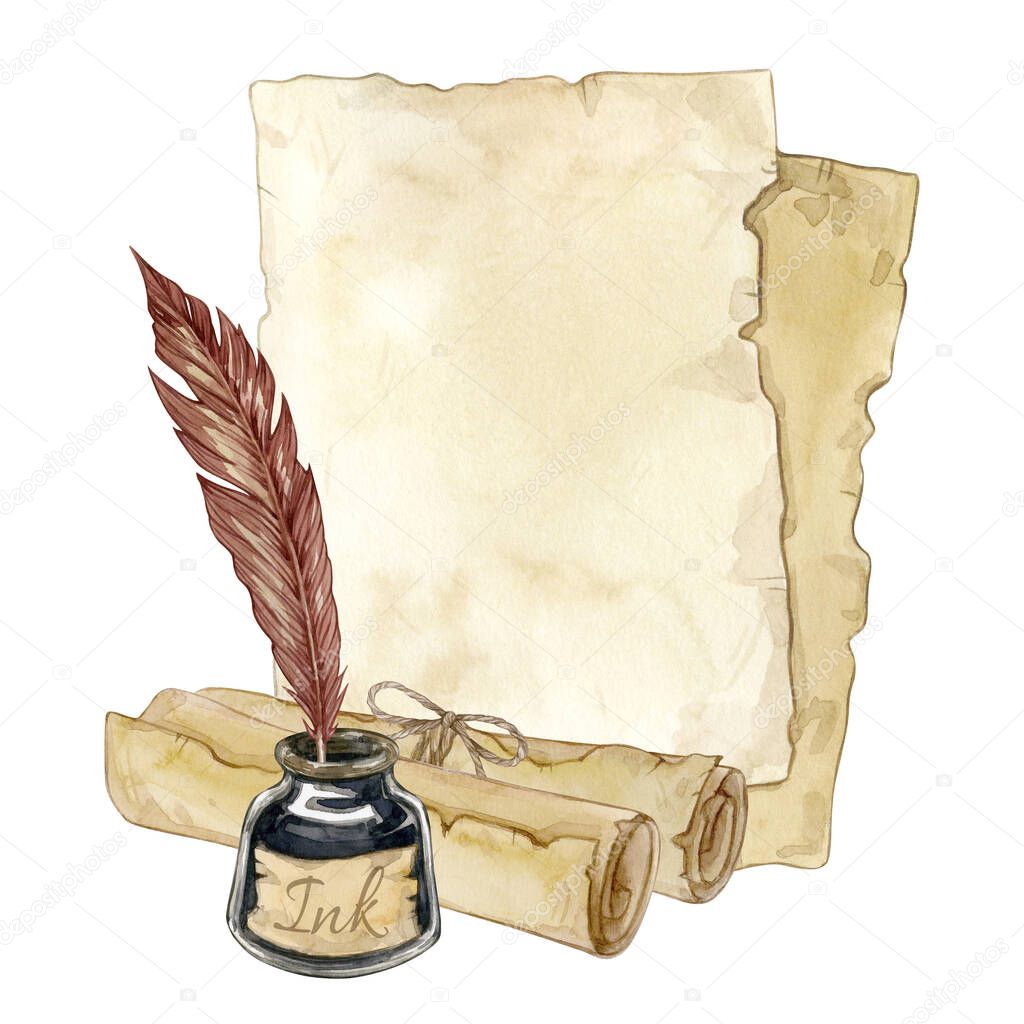 Watercolor illustration of old paper sheets, scrolls, feather pen and inkwell isolated on white background. Vintage collection of hand drawn illustrations. Can be used in cards, flyers and invitations