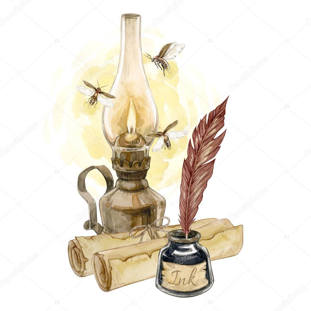 Watercolor illustration of old lantern, inkwell, old scrolls and fireflies isolated on white background. Collection of hand drawn illustrations. Vintage clip art element for design cards, posters.