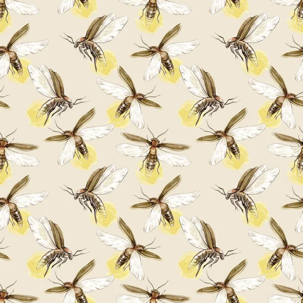 Bej Arka Planda Parlayan Ateş Böcekleri Olan Klasik Suluboya Desenli — Stok fotoğraf
