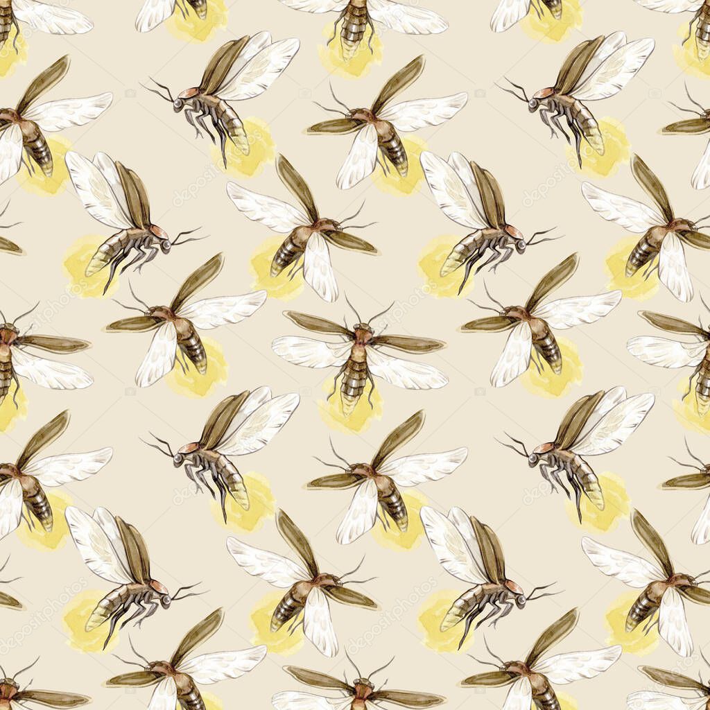 Vintage watercolor seamless pattern with glowing fireflies on beige background. Collection of hand drawn illustrations. Can be used in cards, posters, wrapping paper.