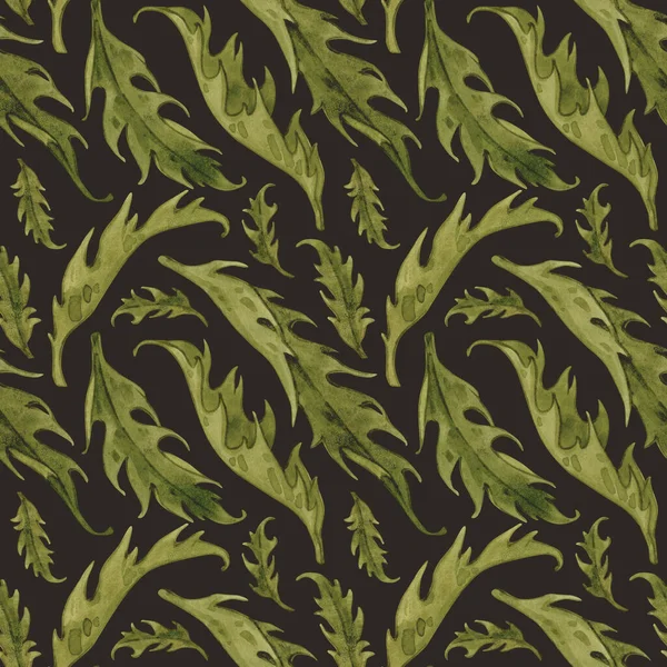 Patrón de acuarela vintage con hojas verdes. Flores silvestres ilustración dibujada a mano. Hierbas del prado sobre fondo marrón. —  Fotos de Stock