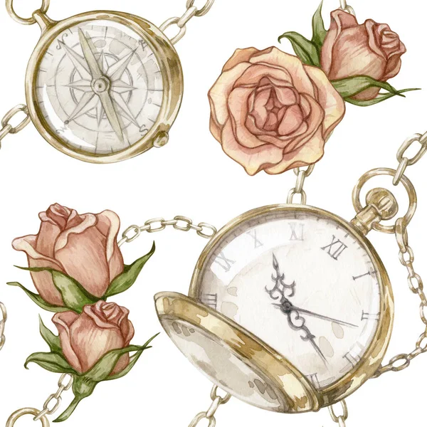 Watercolor seamless pattern with vintage gold pocket watch, compass, chains and roses on a white background. — Stock Photo, Image