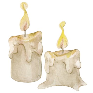 Eski tip yanan mumların suluboya çizimleri. Beyaz arka planda izole edilmiş. Sihirli el koleksiyonu. Çıkartmalarda, yapıştırma defterlerinde ve paketlemede kullanılabilir.