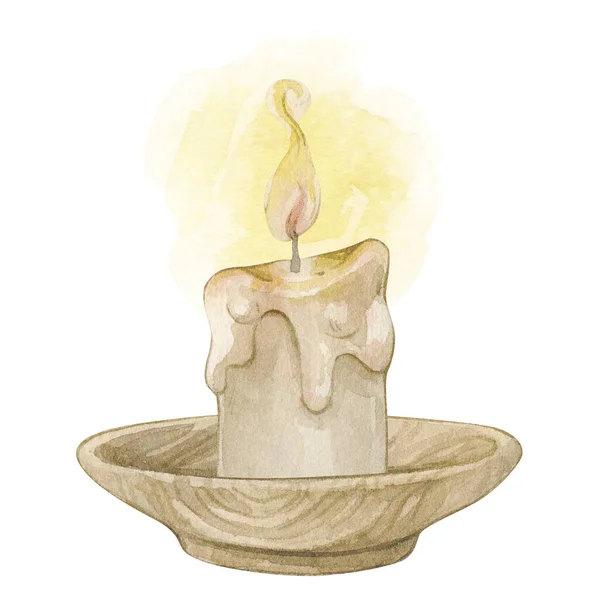 Акварельная Иллюстрация Винтажной Восковой Свечи Подставке Изолированный Белом Фоне Волшебная — стоковое фото
