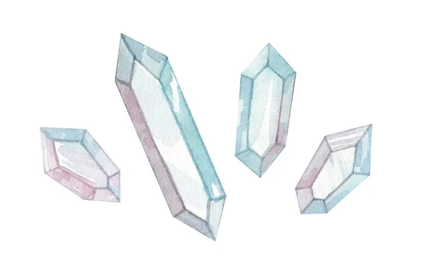 Set Von Aquarell Illustrationen Eines Zarten Rosa Blauen Kristalls Vereinzelt Stockbild