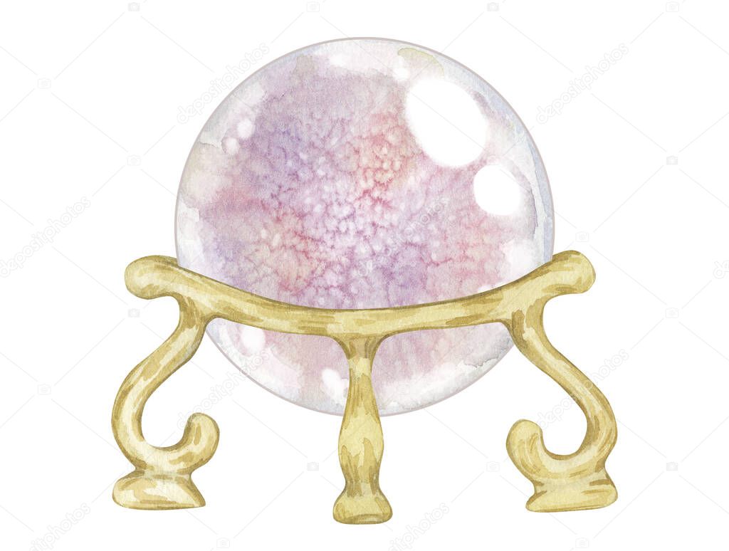 Watercolor illustration of a vintage magic witch sphere on a golden stand. Isolated on white background. Magic hand drawn collection. Can be used in stickers, scrapbooking and packaging.