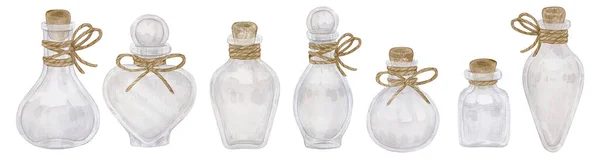 Set Ilustraciones Acuarela Con Botellas Vintage Vacías Decoradas Con Cuerda —  Fotos de Stock