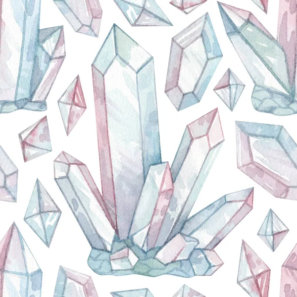 Bezešvé Akvarely Jemnými Růžově Modrými Krystaly Izolované Bílém Pozadí Kouzelná Royalty Free Stock Obrázky