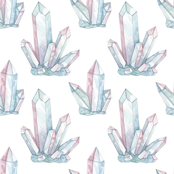 Bezešvé Akvarely Jemnými Růžově Modrými Krystaly Izolované Bílém Pozadí Kouzelná Royalty Free Stock Fotografie