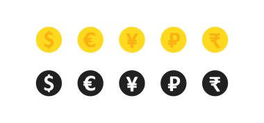 Dünya para birimi, basit simge seti. Bozuk para sembolü, düz vektör biçiminde altın token.