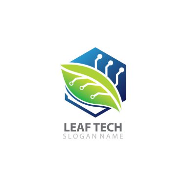 Teknoloji logosuyla Yaprak, konsept vektör şablon tasarımı tasarladı