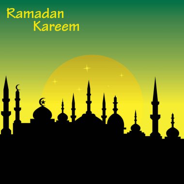 Camii ve kutsal ayı olan Ramazan Kareem İslami tasarımı kutlu olsun. vektör illüstrasyonu