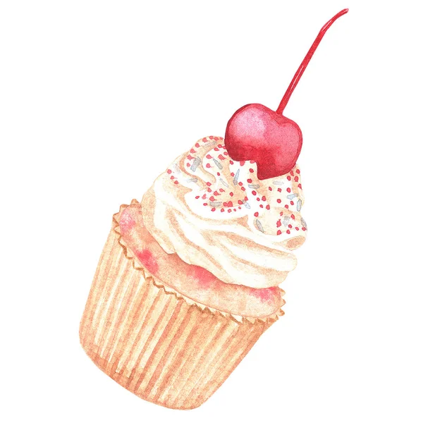 Vanille Cupcake Mit Leichter Sahne Und Kirschen Aquarell Vintage Illustration — Stockfoto