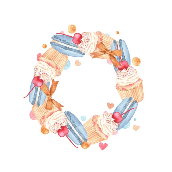 カップケーキやマカロンの手描きのリース 誕生日をテーマにした水彩ヴィンテージイラスト 白い背景に隔離されています デザインのために — ストック写真