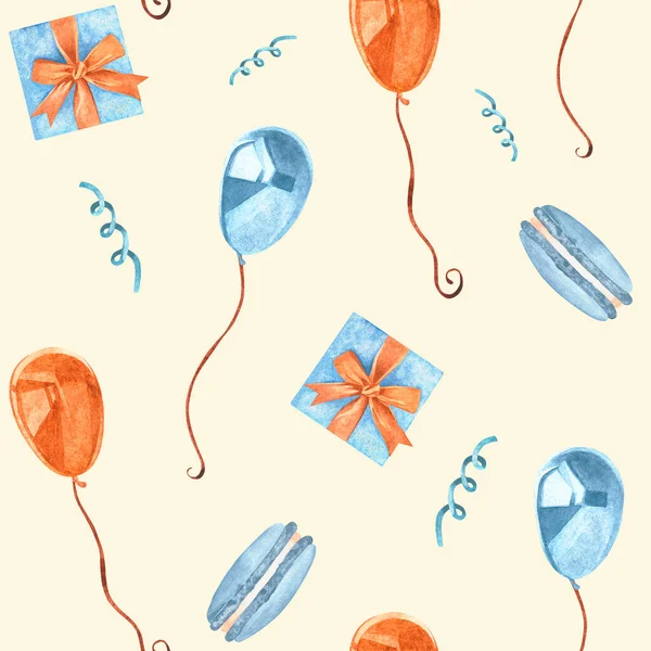 图案由一组水彩画制作而成 主题为生日 气球和礼物 被白色的背景隔离了为了你的设计 — 图库照片