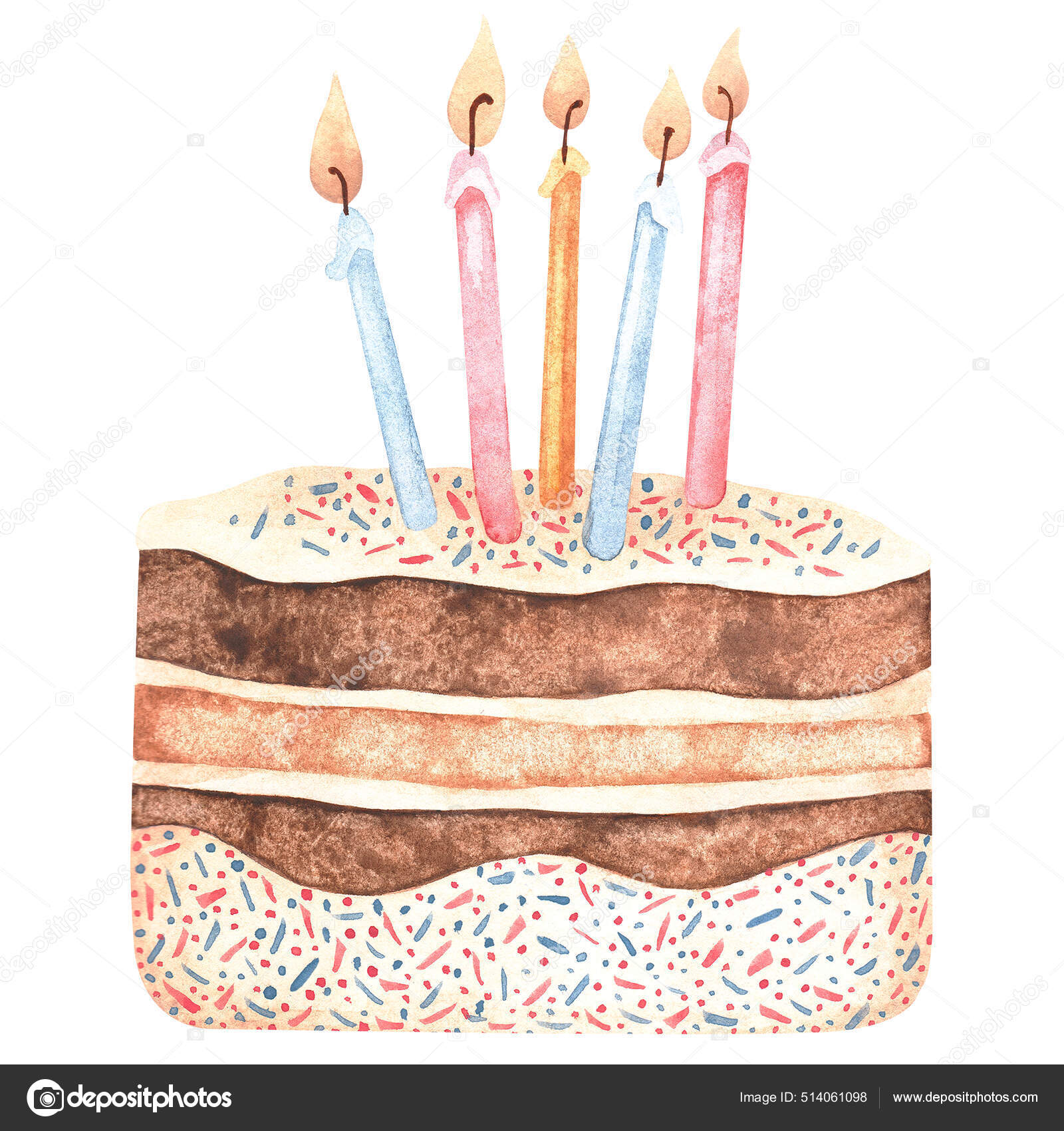 Bolo de chocolate e baunilha decorado com confetes e velas. Watercolor  ilustração do vintage sobre o tema do aniversário. Isolado sobre um fundo  branco. Para o seu design. Ilustração de ©Trilisti #514061098, image size:1600x1700