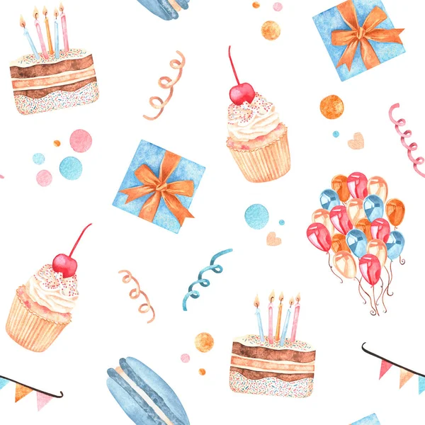 Wzór wykonany z zestawu akwarelowych ilustracji vintage na temat urodzin. Ciasto, babeczka, makaron, balony, konfetti i prezent. Odizolowany na białym tle. Za twój projekt.. — Zdjęcie stockowe