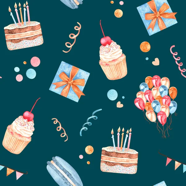 一个网站的横幅 由一组水彩画制作而成 主题是生日 Confetti弓和蜡烛 被白色的背景隔离了用于贺卡 邀请函 一次性餐具的设计 — 图库照片