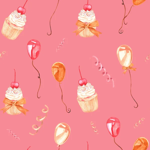 誕生日をテーマにした水彩のヴィンテージイラストのセットから作られたパターン カップケーキ風船コンフェッティ ピンクの背景に隔離された グリーティングカード 招待状 使い捨て食器 休日の帽子 ステッカーのデザインのために — ストック写真