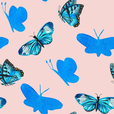 Kelebek. Kusursuz desen. Vahşi çiçek koleksiyonuna suluboya botanik illüstrasyon da dahil. Pembe arka plandaki izole görüntü. Kumaş tasarımınız için, tebrik kartları, hediye paketleri, kırtasiyeler, aksesuarlar..