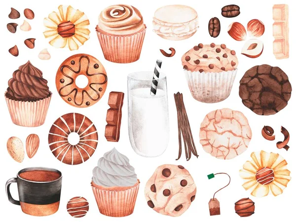 お菓子のセット チョコレートとバニラカップケーキ チョコレート キャンディー バニラ ミルク アーモンド ヘーゼルナッツ クッキー チョコレートドロップ — ストック写真