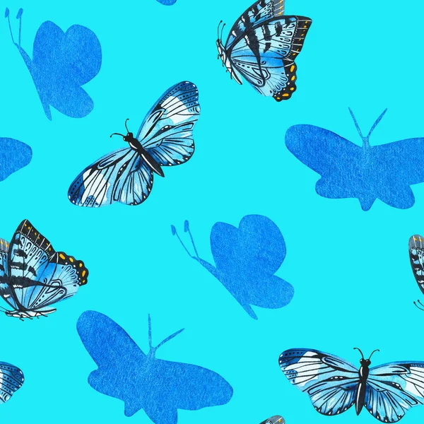 Kelebek. Kusursuz desen. Vahşi çiçek koleksiyonuna suluboya botanik illüstrasyon da dahil. Mavi arkaplandaki izole görüntü. Kumaş tasarımınız için, tebrik kartları, hediye paketleri, kırtasiyeler, aksesuarlar..