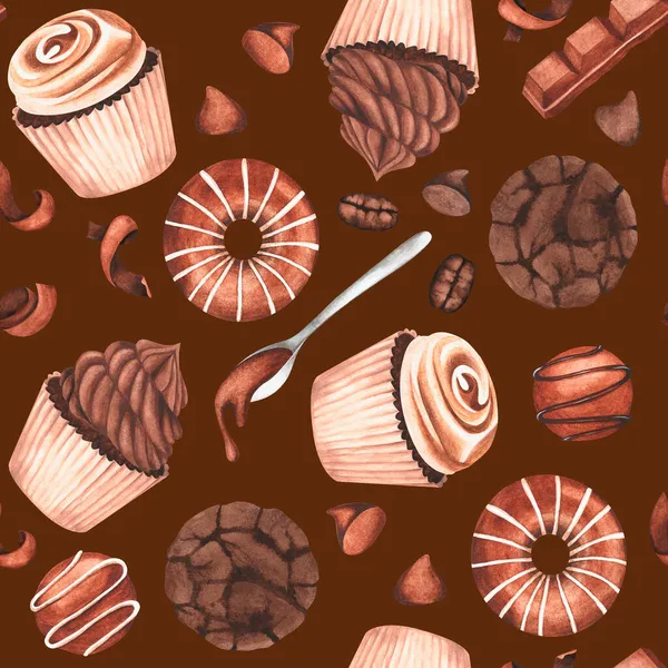 Kusursuz Desen Çikolatalı Şekerler Suluboya Vintage Çizim Tasarımın Için Kartpostalların — Stok fotoğraf