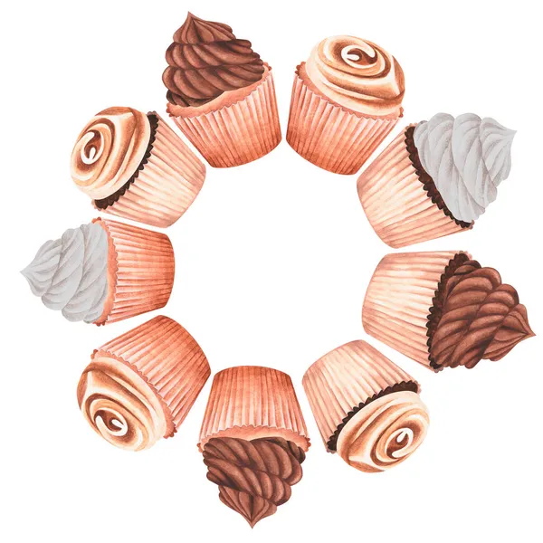 Ein Kranz Voller Süßigkeiten Schokolade Und Vanille Cupcakes Aquarell Vintage — Stockfoto