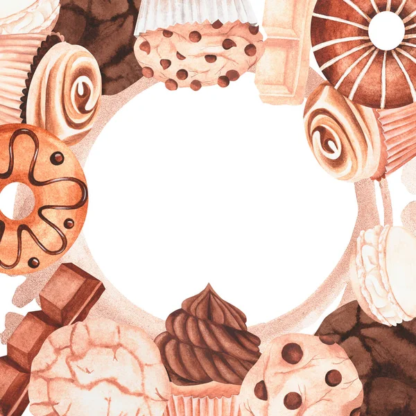 お菓子のフレーム チョコレートとバニラカップケーキ チョコレート キャンディー バニラ ミルク アーモンド ヘーゼルナッツ クッキー チョコレートドロップ — ストック写真