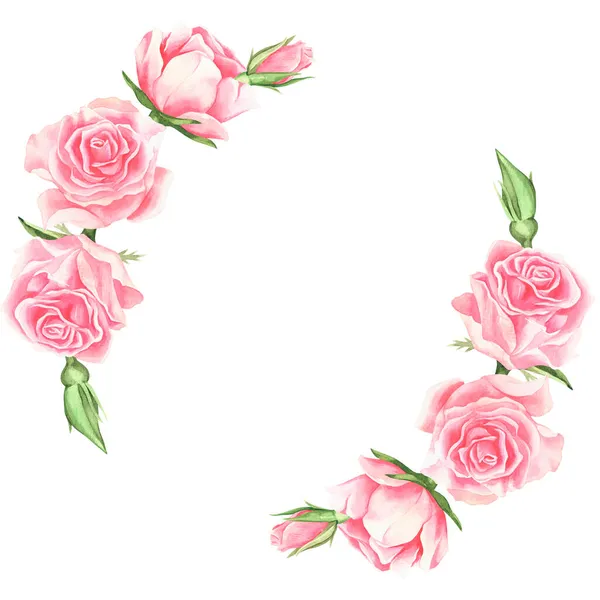 Bir gül çelengi. Suluboya vintage çizim. Beyaz bir arka planda izole edilmiş. Tasarımın için. Kartpostallar, düğün davetiyeleri, kozmetik ambalajları, çiçekçi reklamları için uygun..