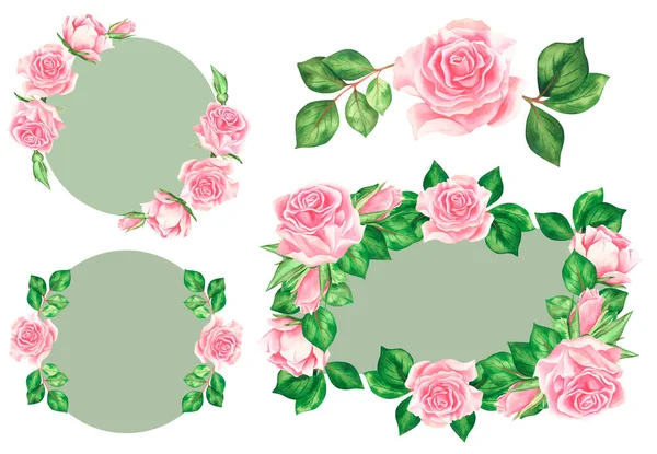 Rosas Cor Rosa Banner Vintage Aquarela Isolado Sobre Fundo Branco — Fotografia de Stock