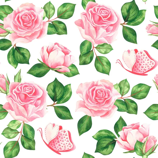 Візерунок Рожевими Трояндами Акварель Старовинна Ілюстрація Ізольовані Білому Тлі Вашого — стокове фото