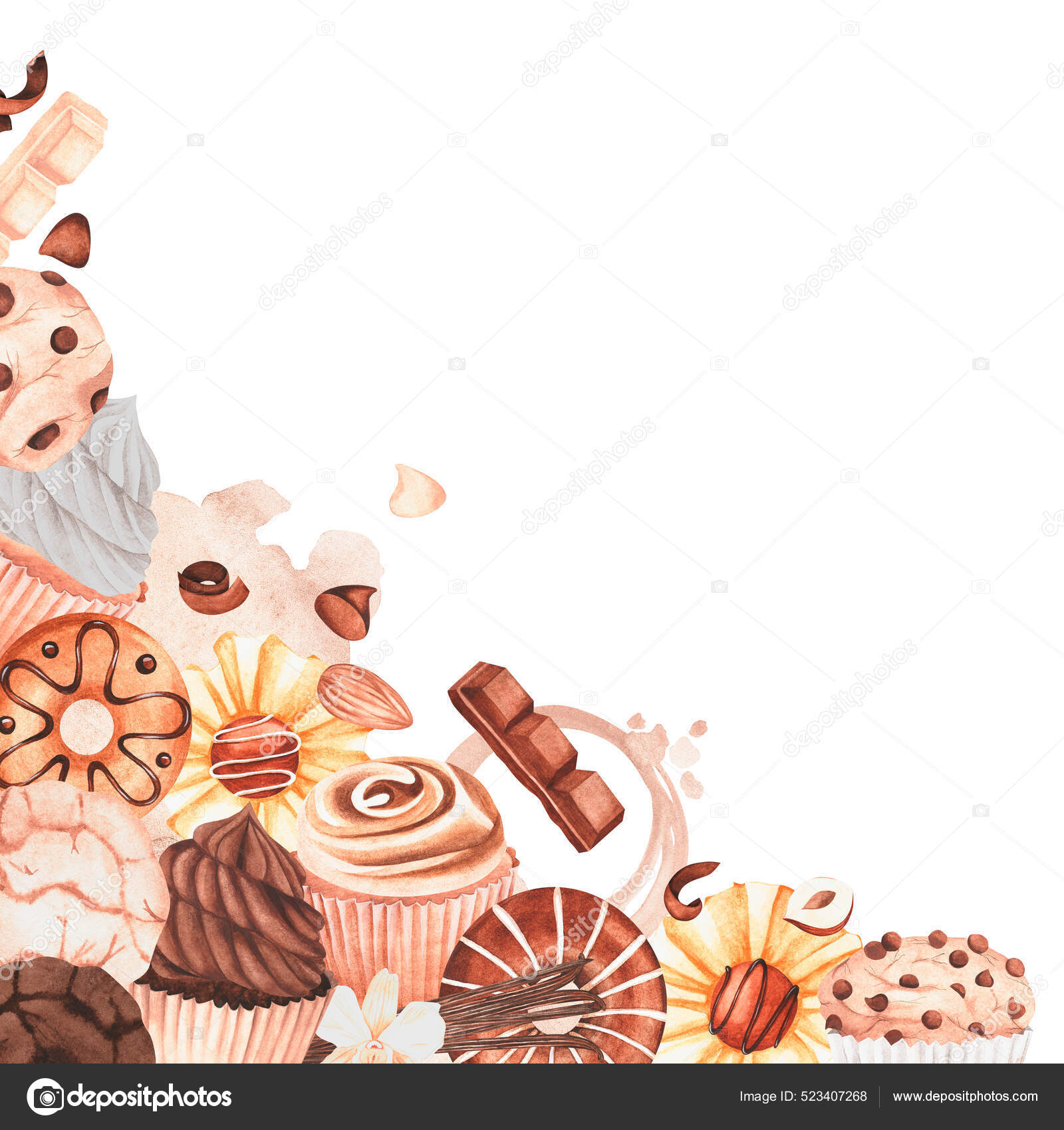 Marco Dulces Magdalenas Chocolate Vainilla Chocolate Caramelos Vainilla  Leche Almendras Ilustración de stock #523407268 de ©Trilisti, image size:1600x1700