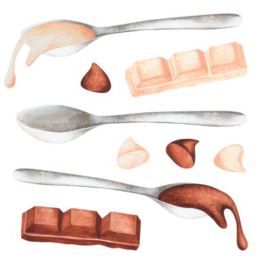 Çikolatalı kaşık. Suluboya vintage çizim. Beyaz bir arka planda izole edilmiş. Tasarımın için. Kartpostalların, davetiyelerin, çıkartmaların tasarımı için uygun..