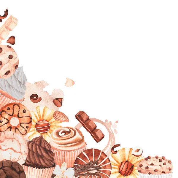 糖果的框架 巧克力和香草杯蛋糕 巧克力 巧克力滴 水彩画复古插图 被白色的背景隔离了为了你的设计适用于明信片的设计 — 图库照片