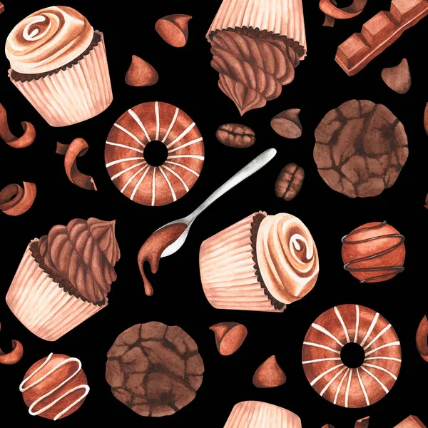 Sömlöst mönster. Chokladsötsaker. Akvarell vintage illustration. För din design. — Stockfoto