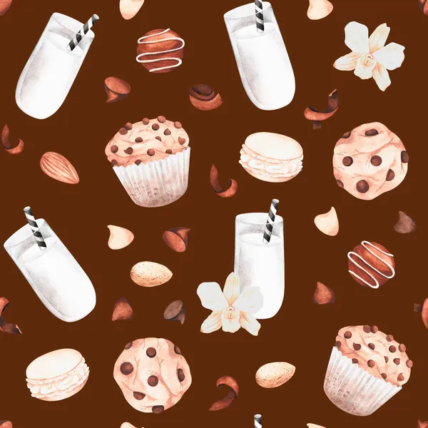 Sömlöst mönster av mjölk och kakor. Akvarell vintage illustration. För din design. — Stockfoto
