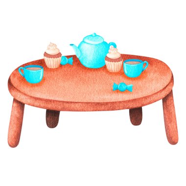 Çay partisi. Suluboya vintage çizim. Beyaz bir arka planda izole edilmiş. Tasarımın için. Çocuk kıyafetleri, aksesuarlar, kartpostallar, kumaşlar, çıkartmalar, hediye paketleri için elverişli.