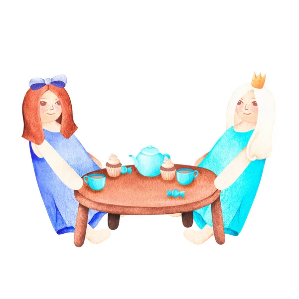 茶会玩具娃娃 水彩画复古插图 被白色的背景隔离了为了你的设计适用于儿童服装及配件 明信片 礼品包装 — 图库照片