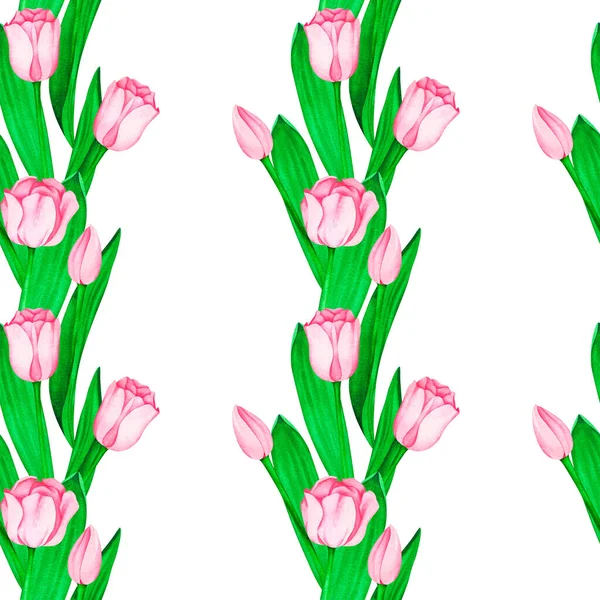 Patrón sin costuras tulipanes rosados. Ilustración vintage acuarela. Aislado sobre un fondo blanco. — Foto de Stock