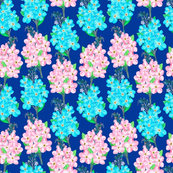 Blu e rosa non scordarti di me. Schema. Illustrazione botanica ad acquerello. Immagine isolata su sfondo blu. Per il tuo design. — Foto Stock