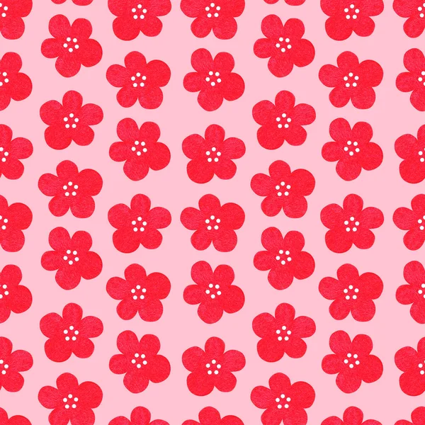 Seamless pattern of red flowers. Watercolor vintage illustration. Isolated on a pink background. — Stock Photo, Image